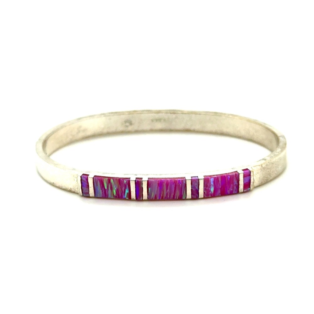Mexico 925 Sterling Silver Pink Opal Inlay Bangle Bracelet 7 Inch